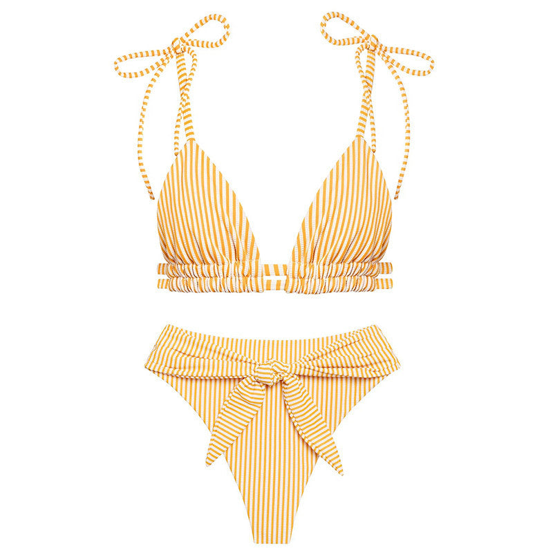 Striped Knotted Crinkle Bikini Beachwear Swimwear mesjo
