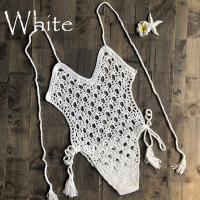 Hand-Knitted One-Piece Lace-up Beachwear Swimsuit white mesjo