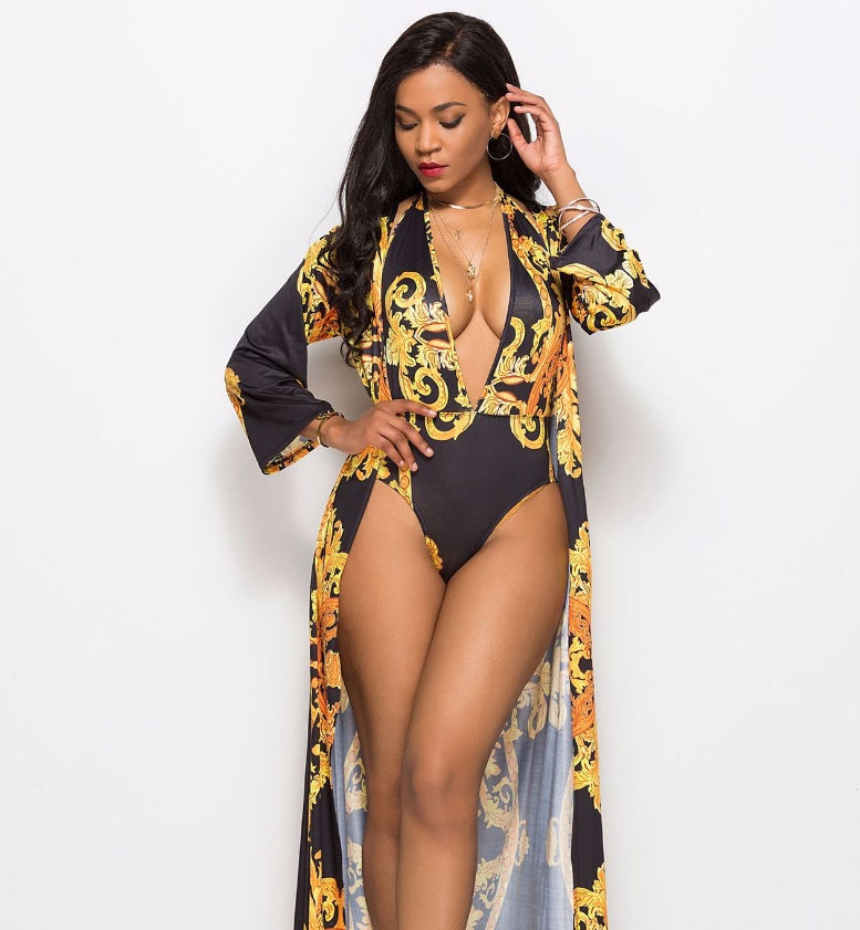 Printed Cloak Bikini with Blouse Cover up Beachwear Black mesjo