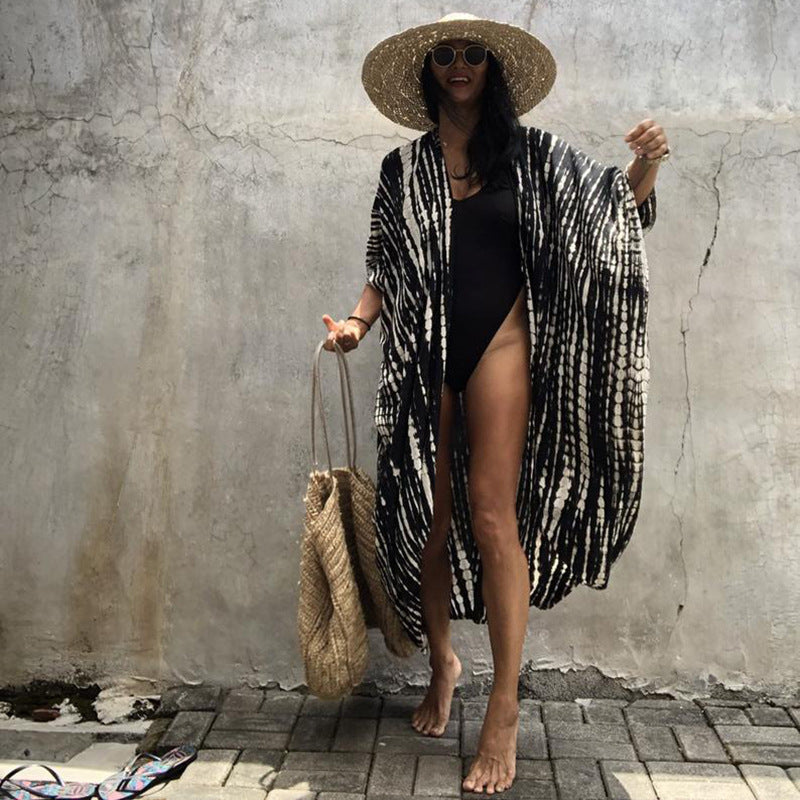 Boho Printed Cover-up Fringed Cardigan Tunic Beachwear Black One size mesjo