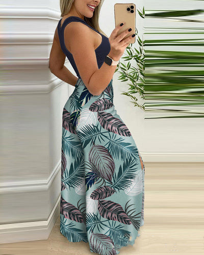 Printed Blouse Skirt Slit Wide Leg Set Blue & Floral mesjo