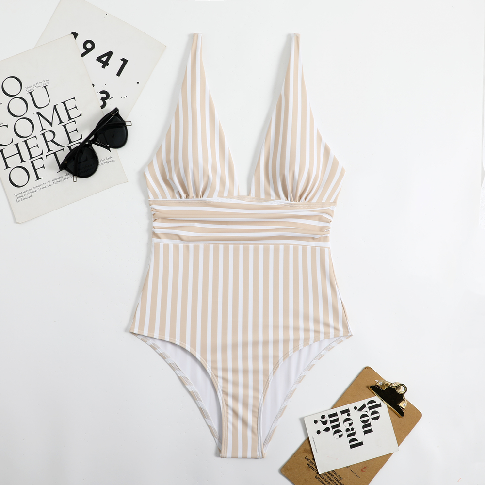 One-piece Stripes V Neck Swimsuit Multi-color Beahwear Swimwear mesjo