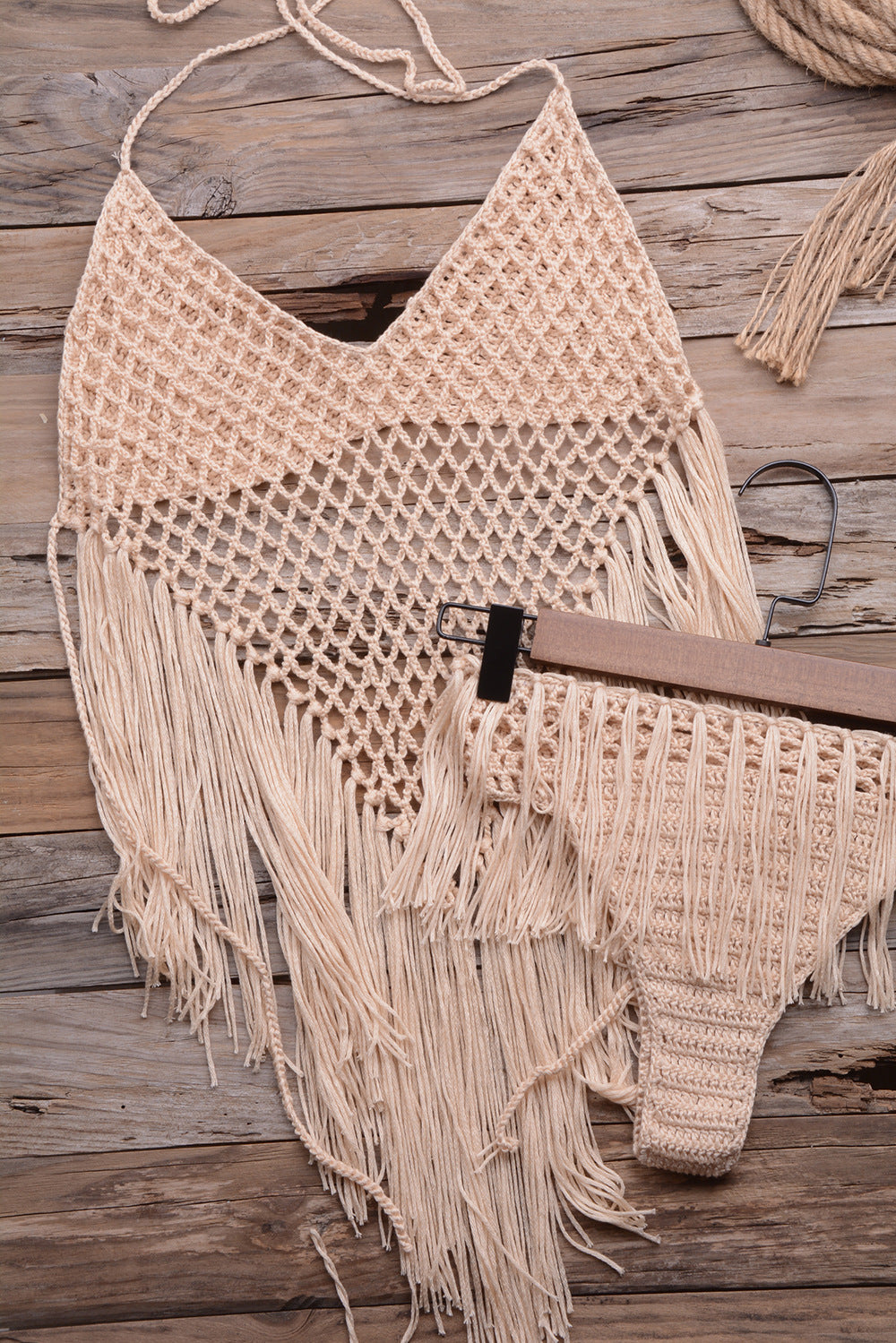 Hand-woven Hollow Tassel Split Bikini Beachwear Swimwear Apricot mesjo