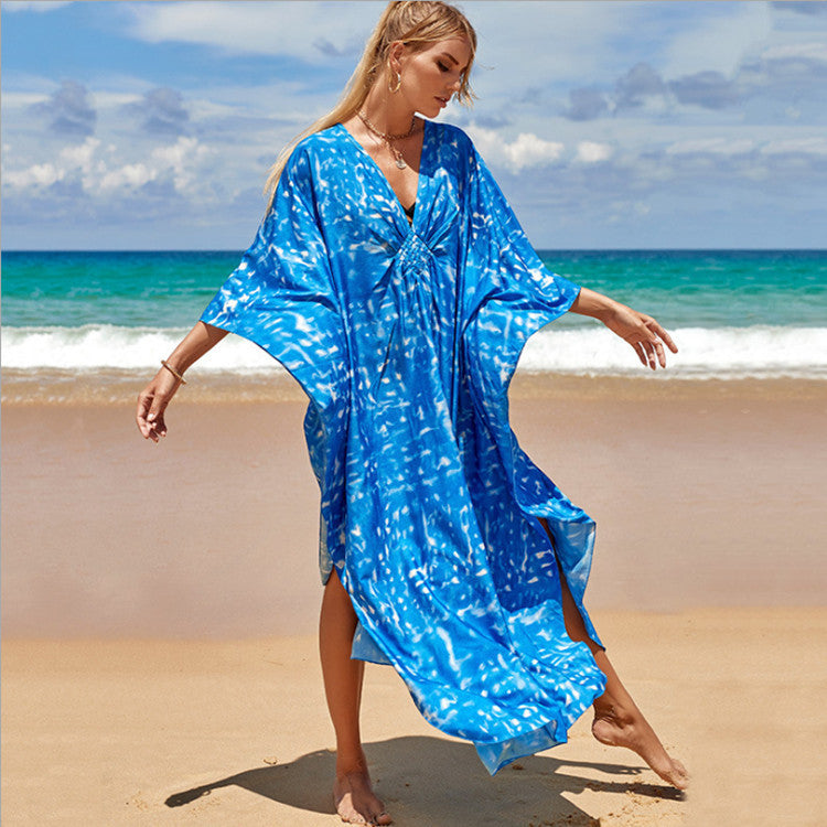 Outer Seaside Beach Blouse Skirt Swimsuit Coverup Blue Smudge Polyester One size mesjo
