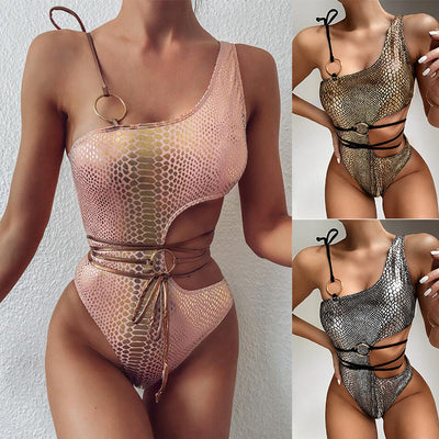 One-Shoulder Snake Texture one Piece Beachwear Swimwear mesjo