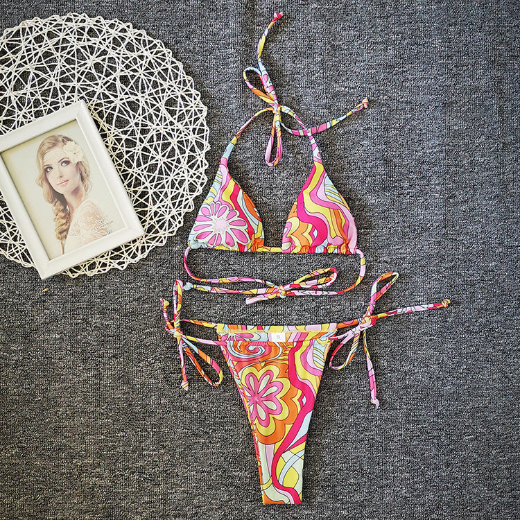 Floral Pattern Drawstring Bikini Swimwear Beachwear Colorful Large Flowers mesjo