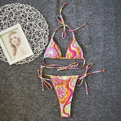 Floral Pattern Drawstring Bikini Swimwear Beachwear Colorful Large Flowers mesjo