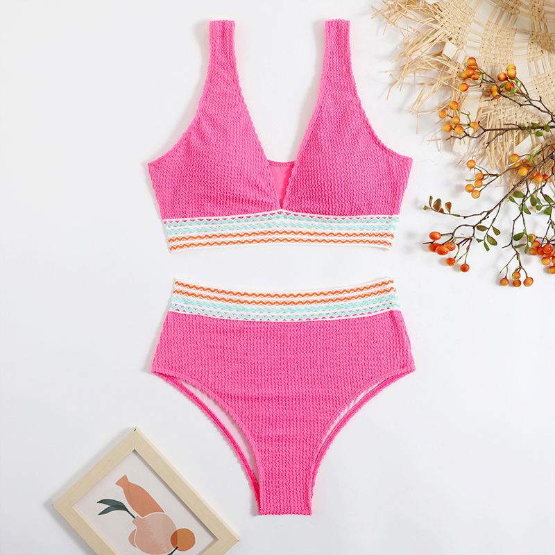 High Waist Crinkle Split Bikini Solid Color Beachwear Smimwear Pink mesjo