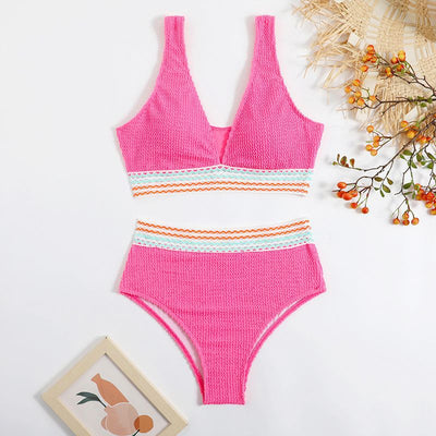 High Waist Crinkle Split Bikini Solid Color Beachwear Smimwear Pink mesjo