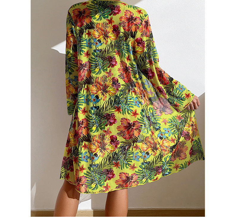 Long Floral Split Bikini With Blouse Beachwear mesjo