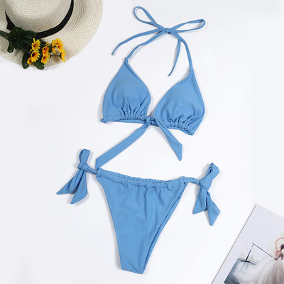 Split Tie Knot Multicolor Halter Neck Bikini Beachwear Blue mesjo