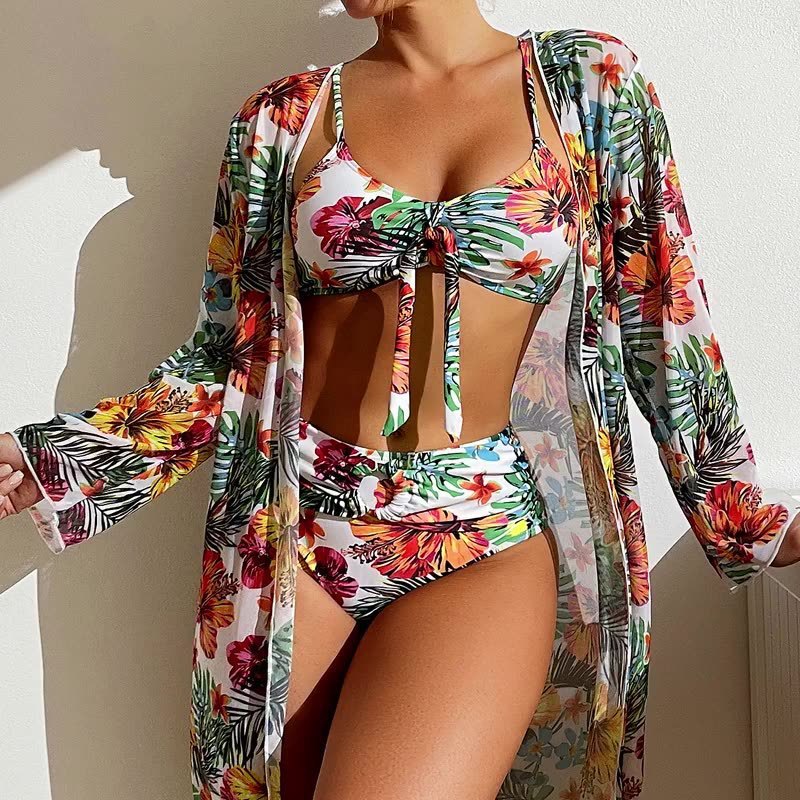Long Floral Split Bikini With Blouse Beachwear mesjo
