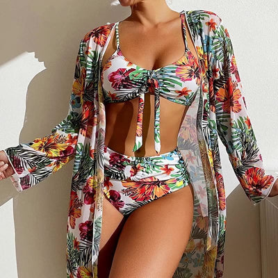 Long Floral Split Bikini With Blouse Beachwear mesjo