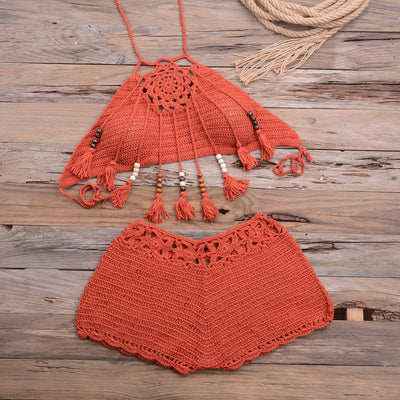 Handmade Tassel Dangling Beads Two Piece Bikini Beachwear Rusty Red mesjo