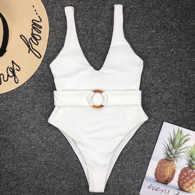Belt Buckle One-Piece Swimsuit Solid Color White mesjo