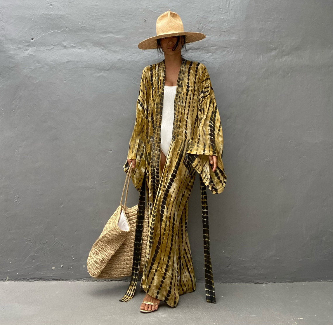 Printed Loose Sun Protection Cover up Blouse Beachwear Black Yellow Average Size mesjo
