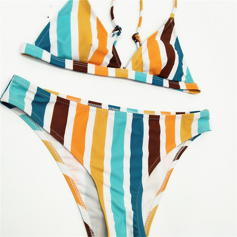 Striped Split Scoop Bikini Beachwear Swimwear mesjo