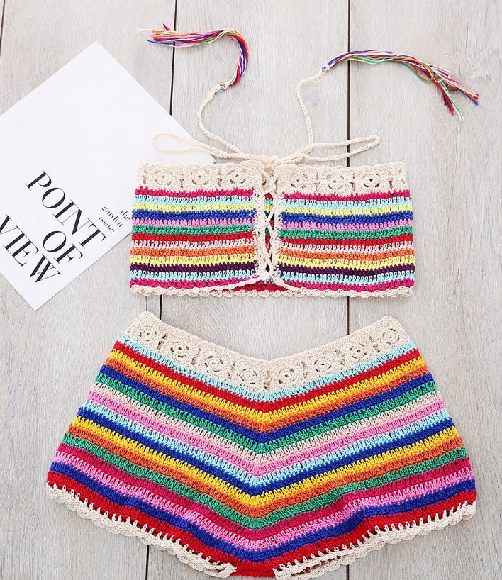 Handmade Color Striped Bandeau Bikini Beachwear Swimwear Red suit mesjo