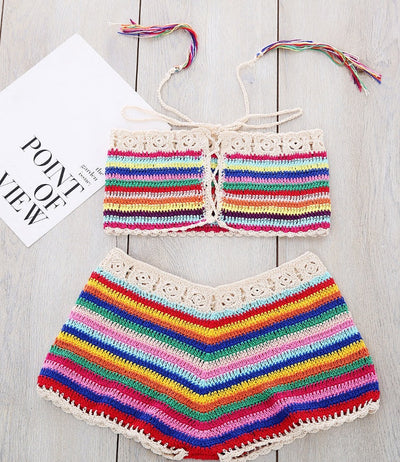 Handmade Color Striped Bandeau Bikini Beachwear Swimwear Red suit mesjo