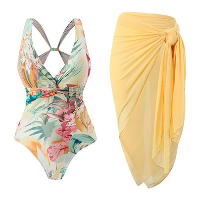 One-piece Printed Swimsuit Slimming Backless with Bottom Yellow Flower Suit mesjo