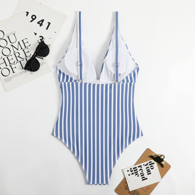 One-piece Stripes V Neck Swimsuit Multi-color Beahwear Swimwear mesjo