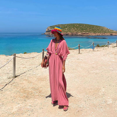 Solid Color Beach Cover-up Dress Beachwear Pink mesjo