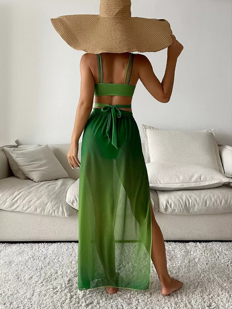 Green Gradient Bikini with Skirt Three Piece Beachwear Swimwear mesjo