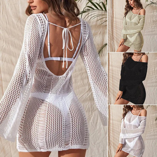 Knitted Hollow Backless Long Sleeve Bikini Swimsuit Blouse