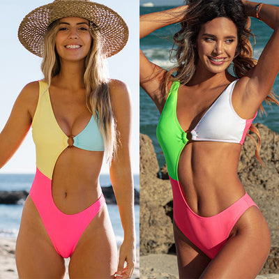 One Piece Color block Cutout Swimsuit Beachwear mesjo