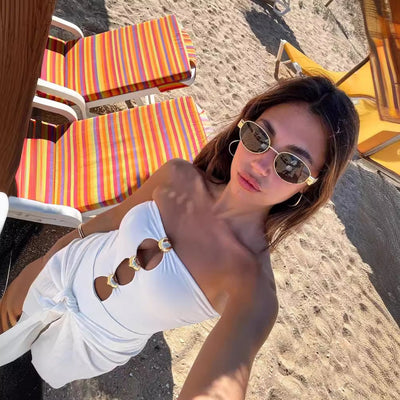 One-strap Chest Metal Beads Swimsuit Slim Fit Beachwear mesjo