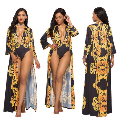 Printed Cloak Bikini with Blouse Cover up Beachwear mesjo