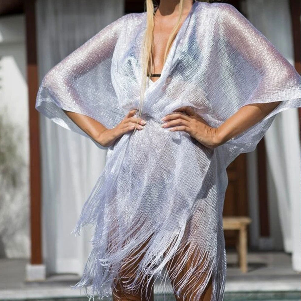 Silk Transparent Gold & Silver Cover-Up Beachwear White Average Size mesjo