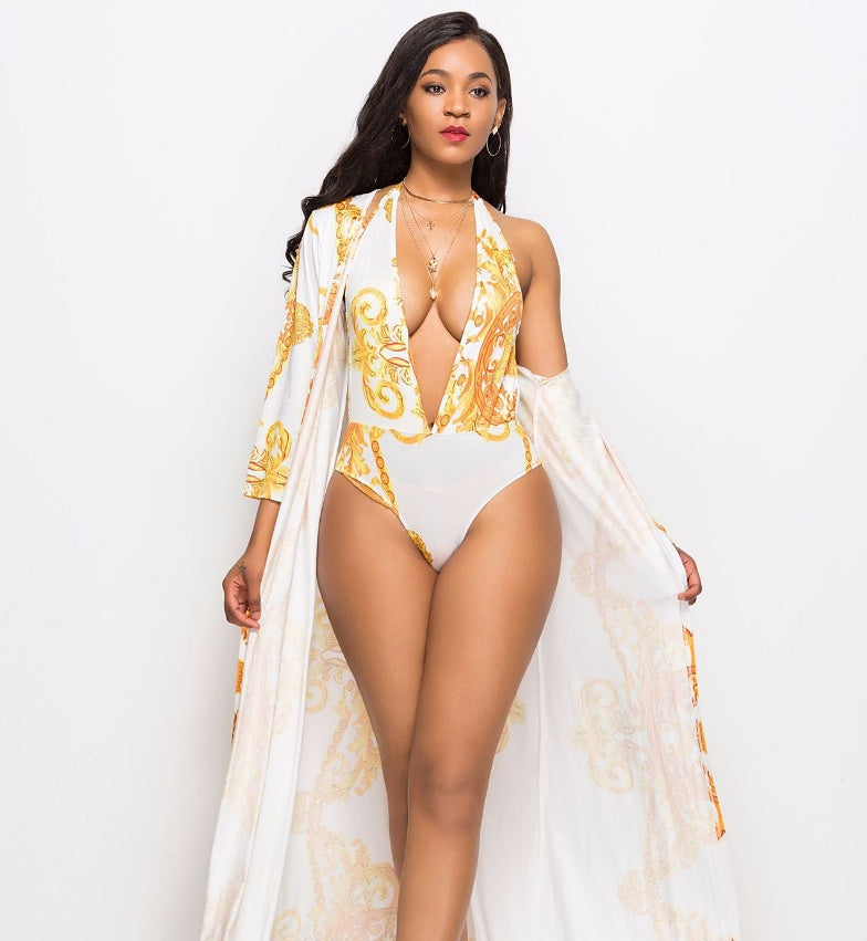 Printed Cloak Bikini with Blouse Cover up Beachwear mesjo