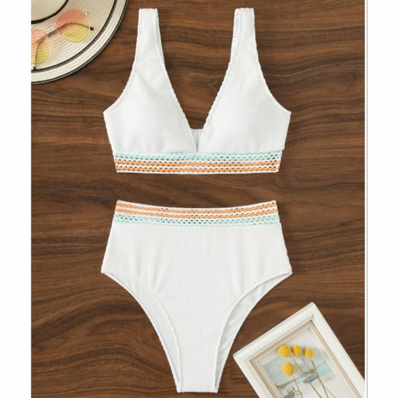 High Waist Crinkle Split Bikini Solid Color Beachwear Smimwear White mesjo