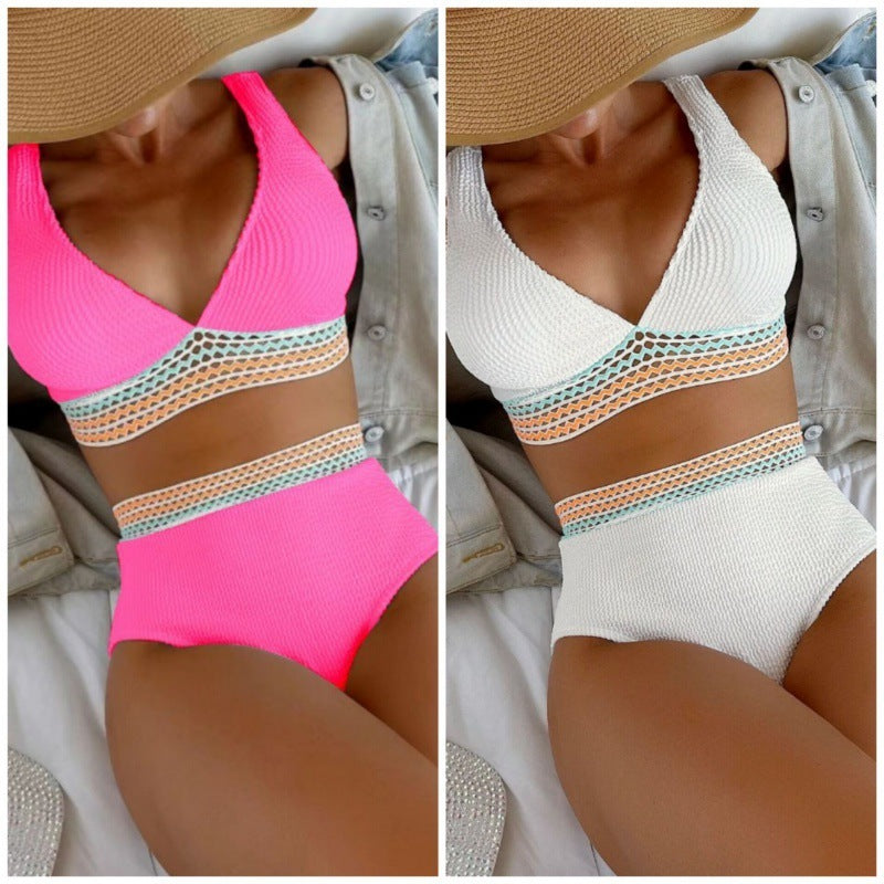 High Waist Crinkle Split Bikini Solid Color Beachwear Smimwear mesjo