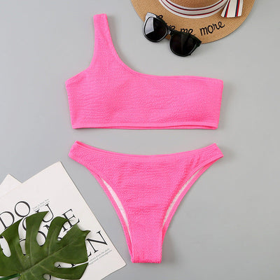 Wavy One-Shoulder Bikini Rose Red mesjo