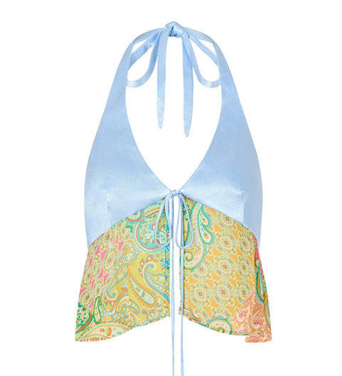 Halterneck Printed Lace-up Split Swimsuit