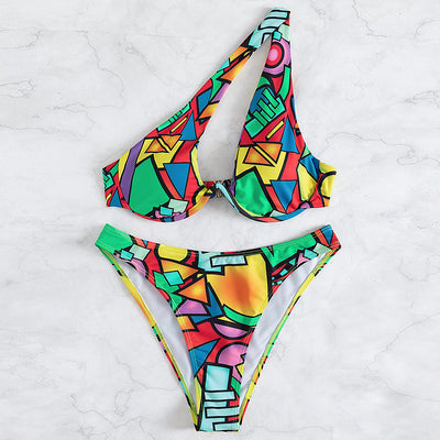 Split One Shoulder Block Print Bikini Beachwear Swimwear block Print mesjo