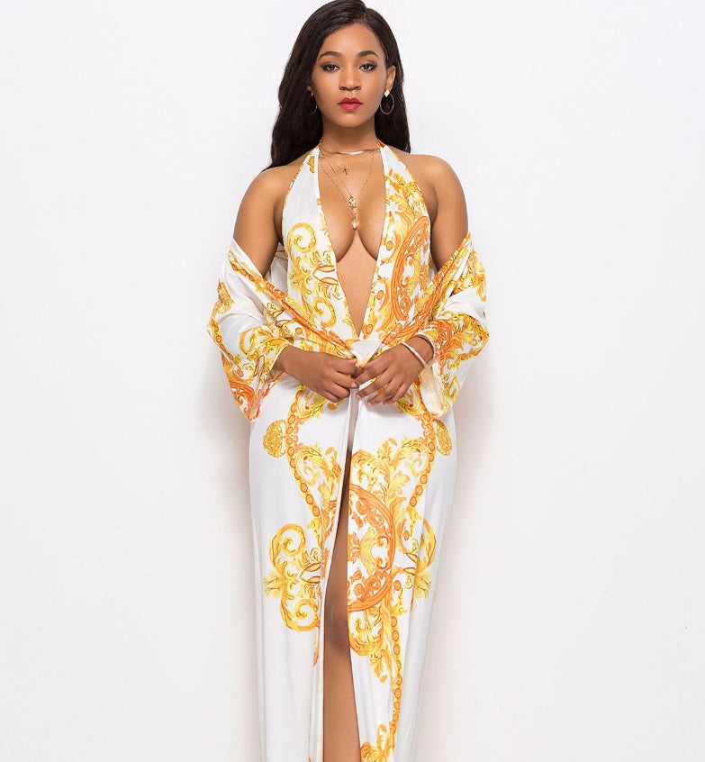 Printed Cloak Bikini with Blouse Cover up Beachwear White mesjo