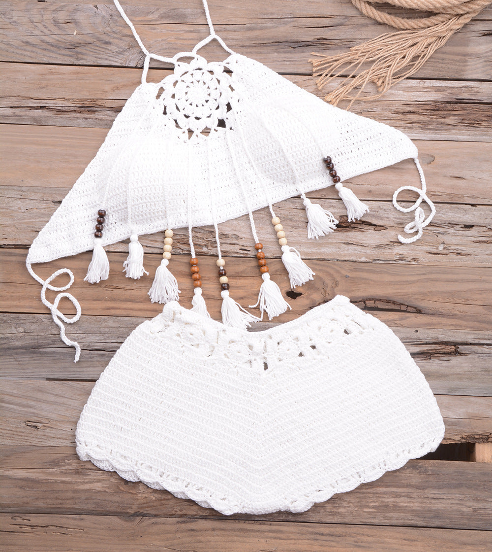 Handmade Tassel Dangling Beads Two Piece Bikini Beachwear White mesjo
