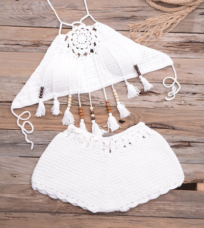 Handmade Tassel Dangling Beads Two Piece Bikini Beachwear White mesjo