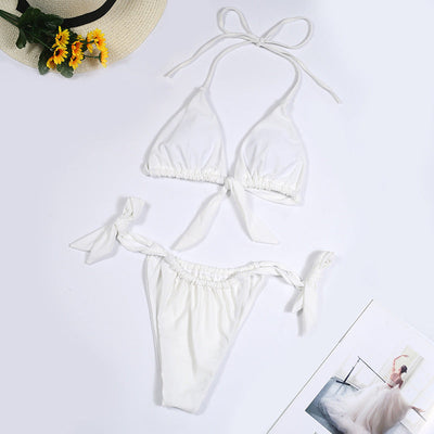 Split Tie Knot Multicolor Halter Neck Bikini Beachwear White mesjo