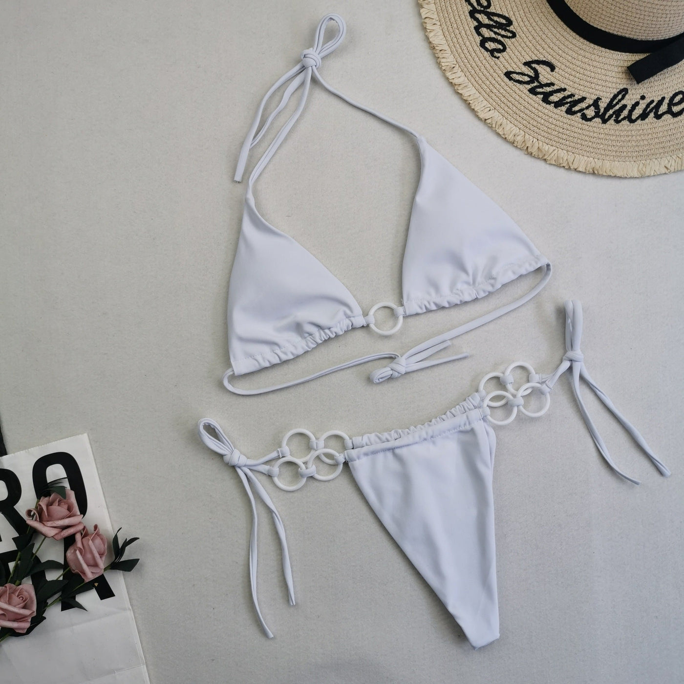 Split Bikini Double Fabric Lace-up Swimwear White mesjo