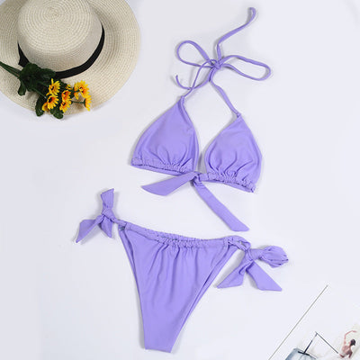 Split Tie Knot Multicolor Halter Neck Bikini Beachwear Purple mesjo