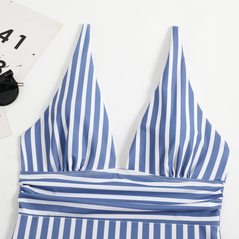 One-piece Stripes V Neck Swimsuit Multi-color Beahwear Swimwear mesjo