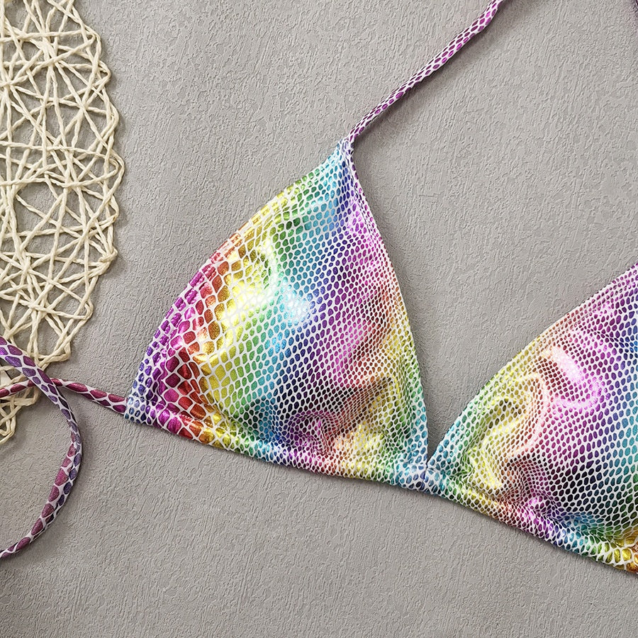 Gradient Snake Print Leather Cloth Triangle Banded Bikini mesjo