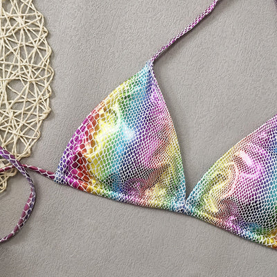 Gradient Snake Print Leather Cloth Triangle Banded Bikini mesjo