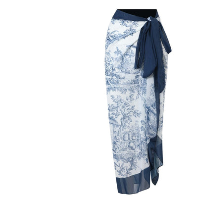 One-piece Printed Swimsuit Slimming Backless with Bottom Blue Gauze Skirt mesjo