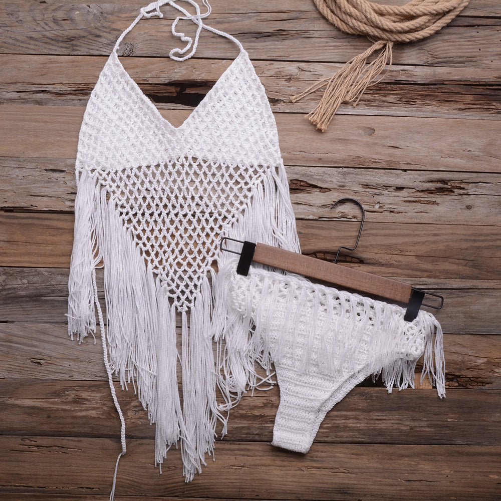 Hand-woven Hollow Tassel Split Bikini Beachwear Swimwear White mesjo