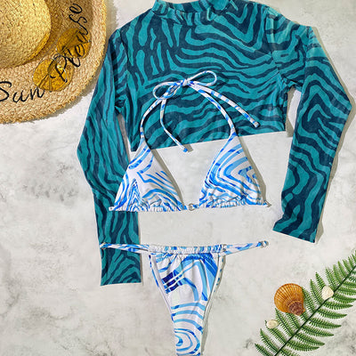 Three-Piece Bikini with Blouse top Beachwear Swimwear Blue mesjo